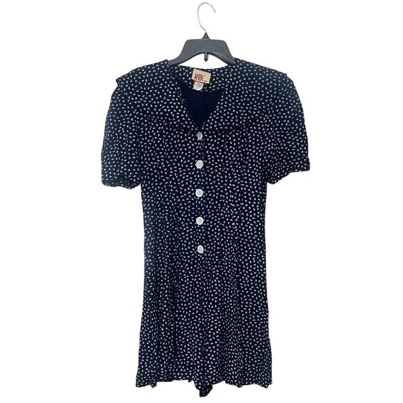 Vintage Katie MFG Romper Navy Blue White Print Button Front Short Sleeve Size M - Picture 1 of 8